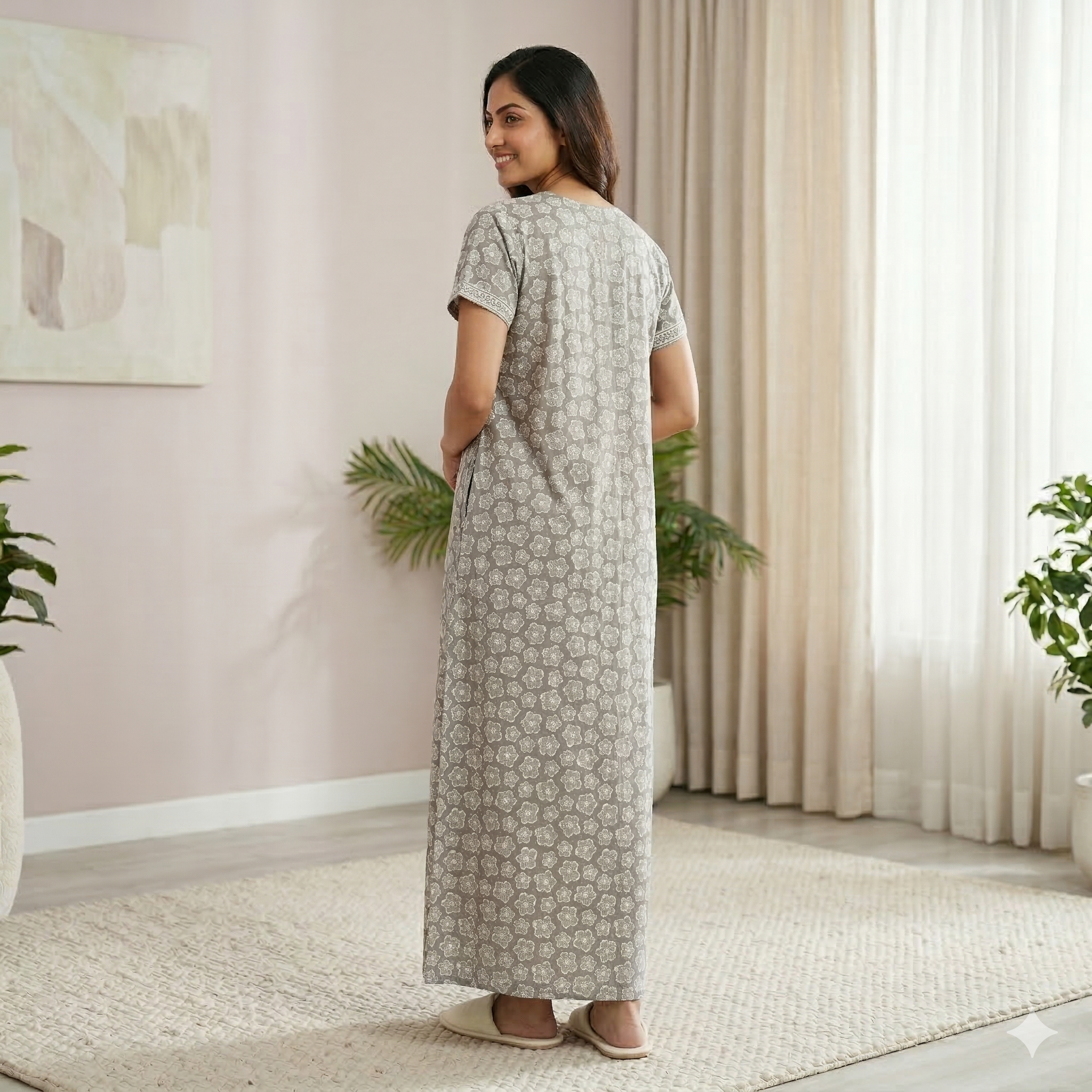 Pure Cotton A-Line Grey Tulip Nighty