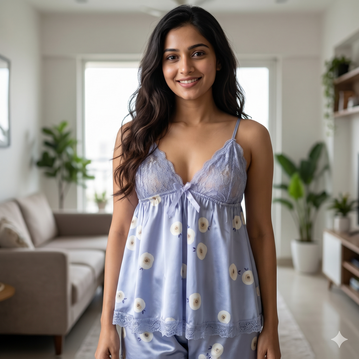 Satin Light Purple Fancy Night Suit