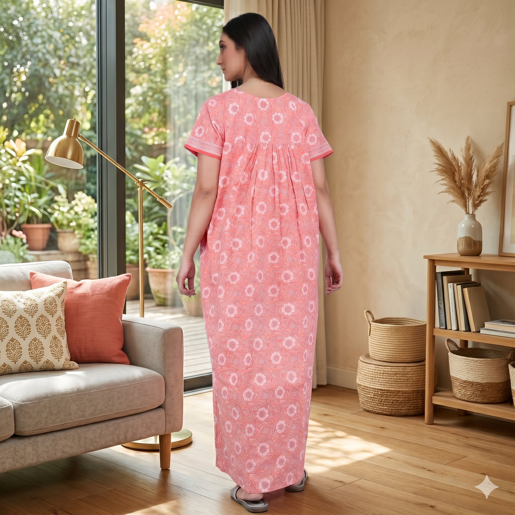 Pure Cotton Light Peach Carnation Full Front Open Nighty