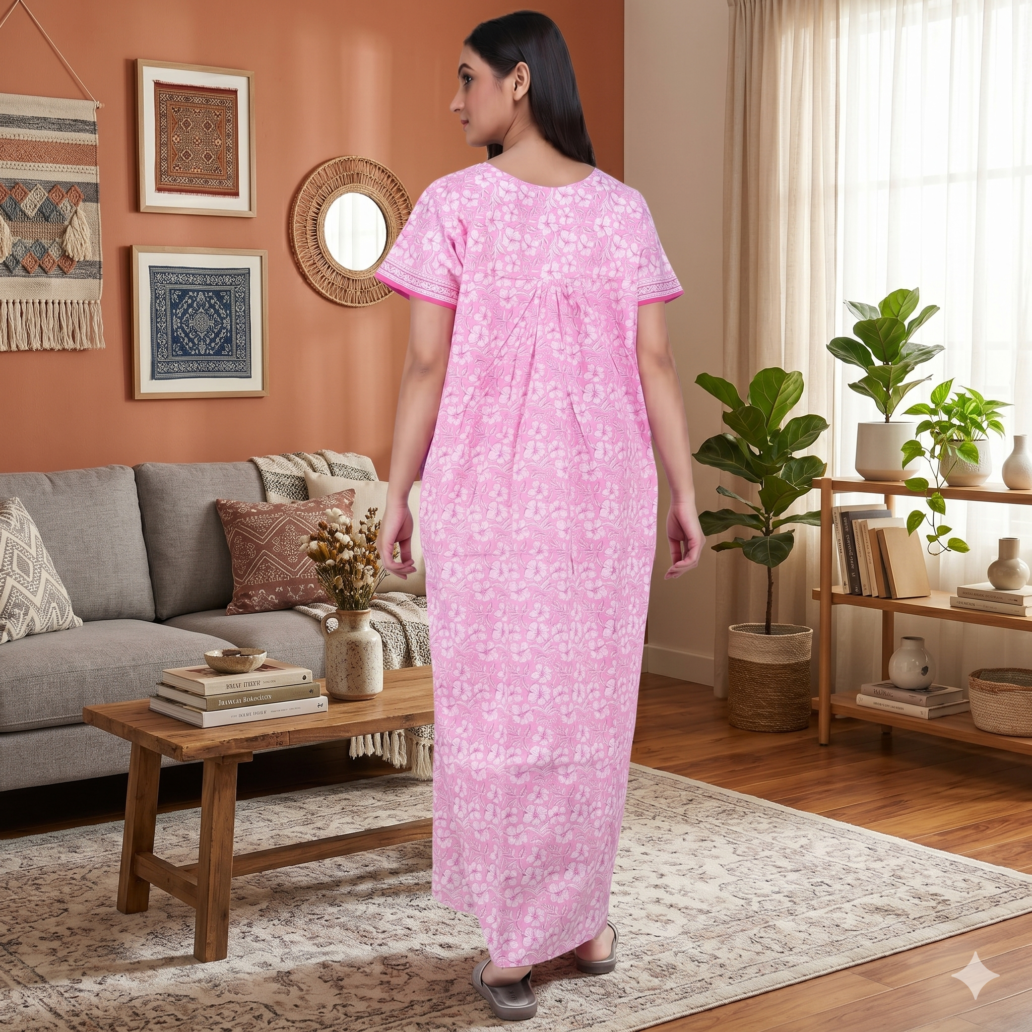 Pure Cotton Pink Carnation Full Front Open Nighty