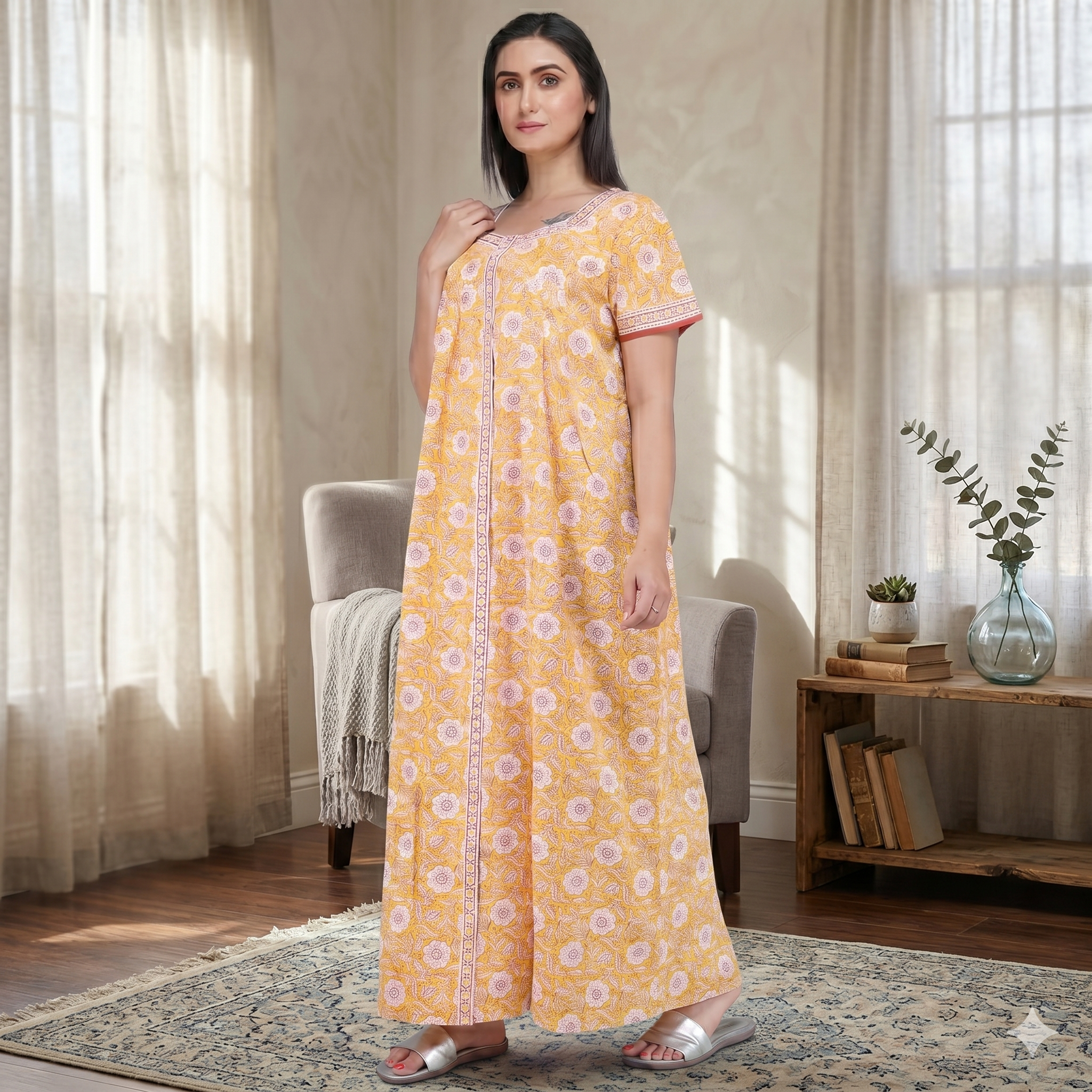 Pure Cotton Light Yellow Carnation Full Front Open Nighty