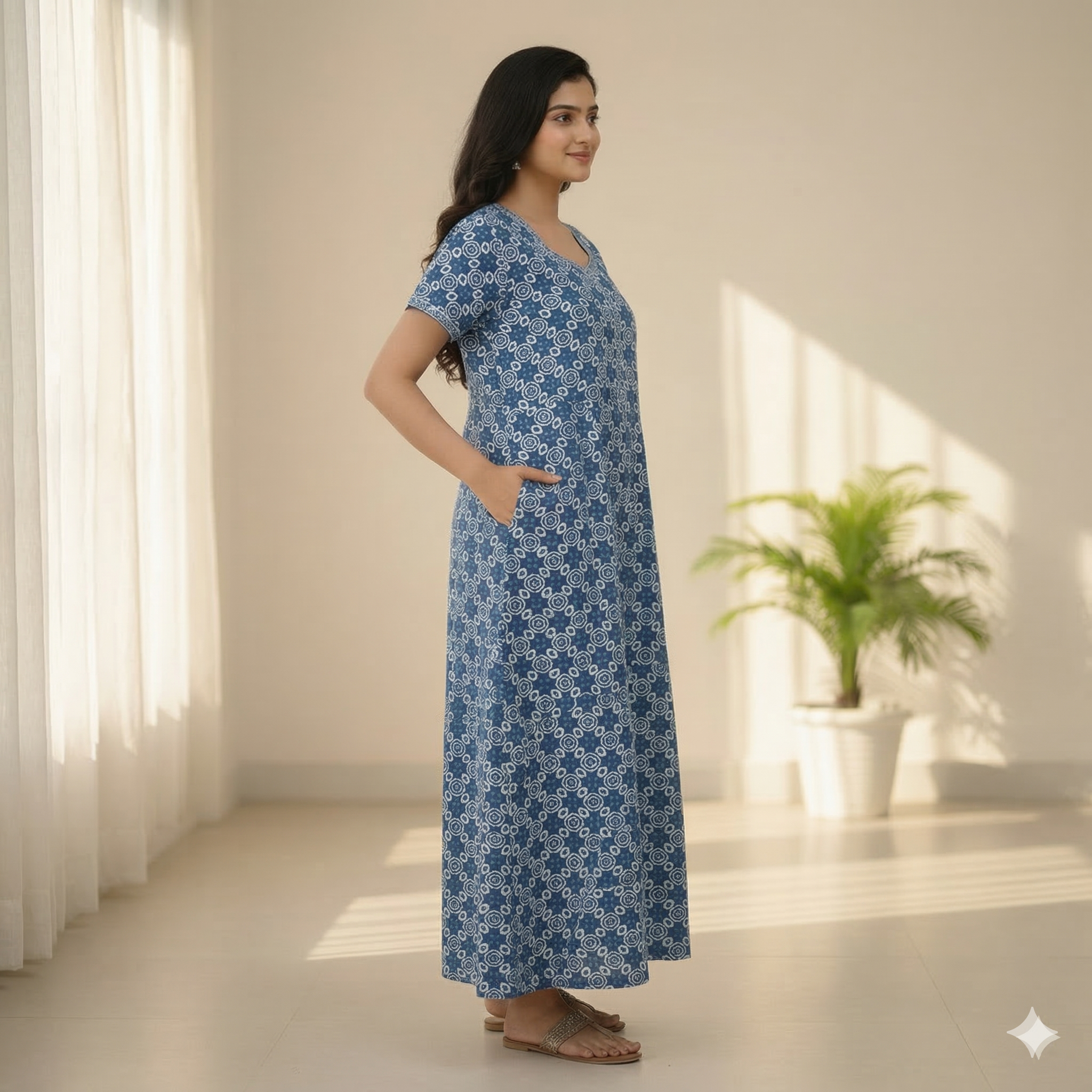 Pure Cotton A-Line Blue Rose Nighty