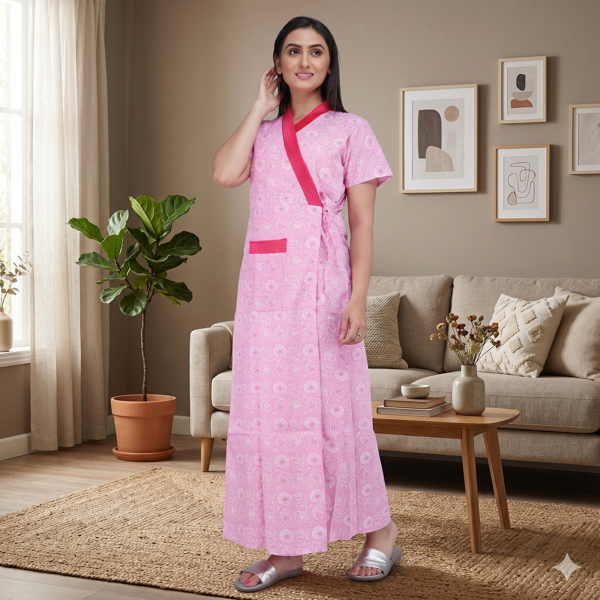 Pure Cotton Pink Daffodil Housecoat