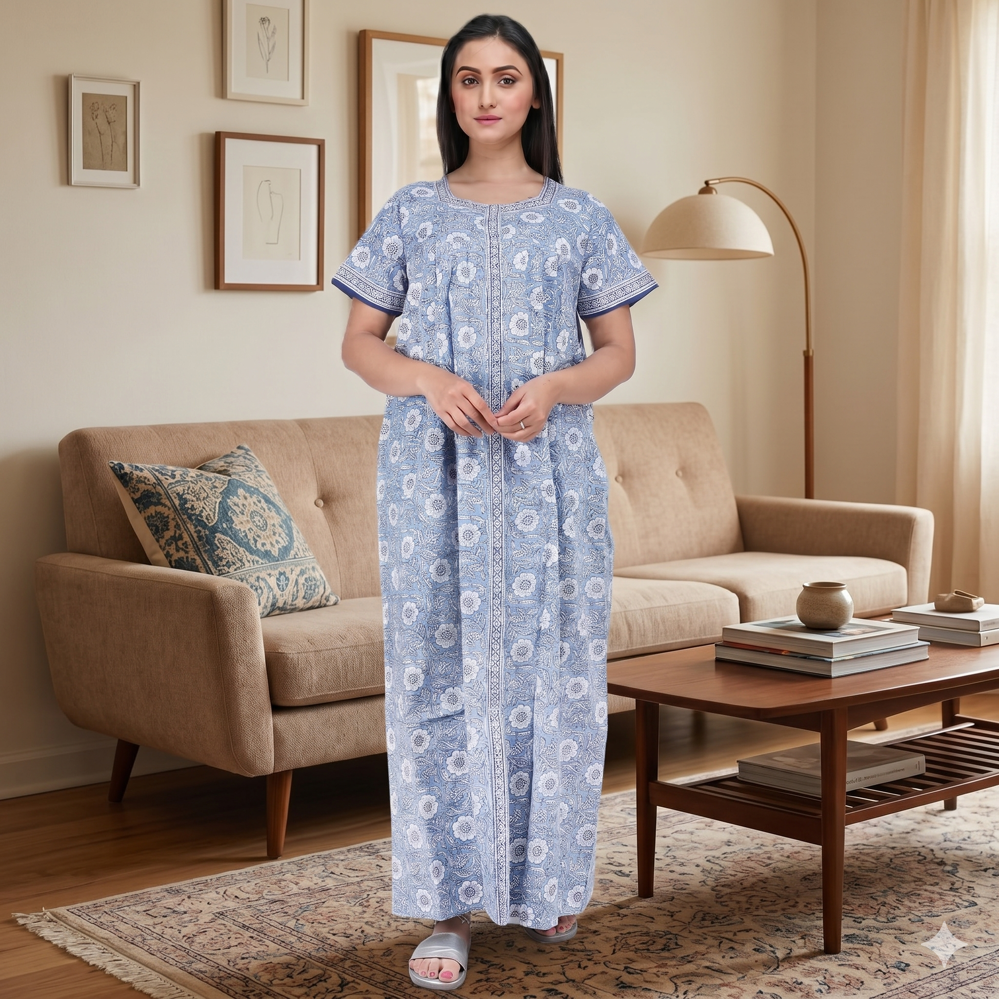 Pure Cotton Light Blue Carnation Full Front Open Nighty