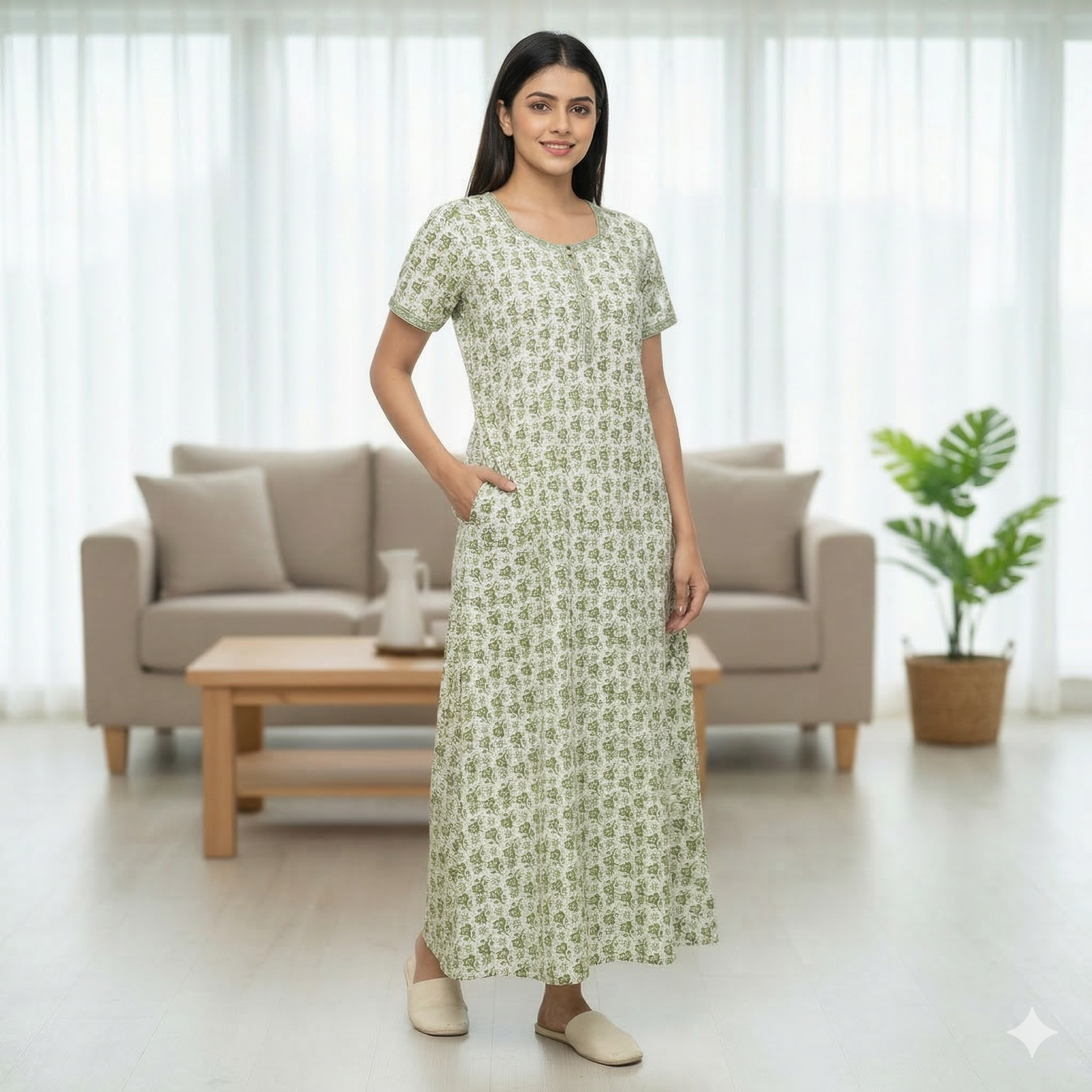 Pure Cotton A-Line Light Green Orchid Nighty