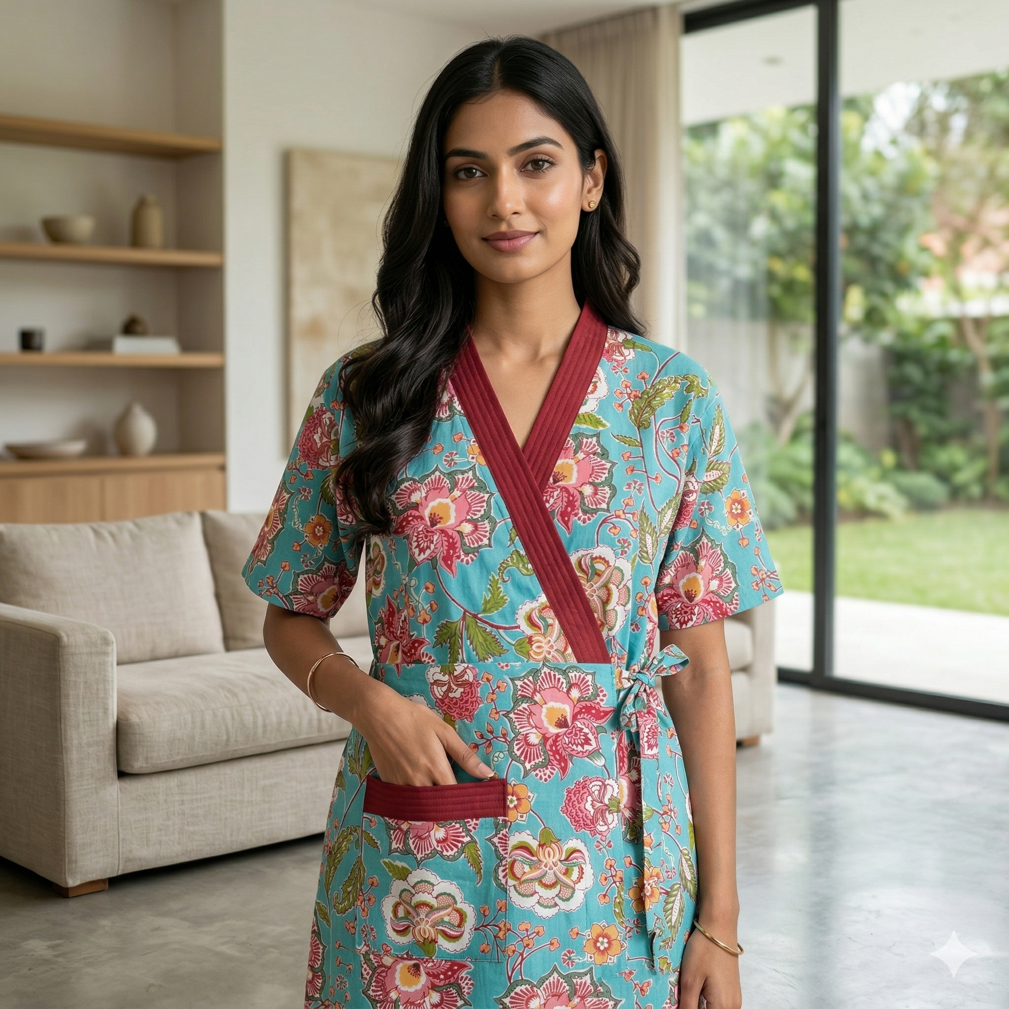 Pure Cotton Sky Blue Peony Housecoat