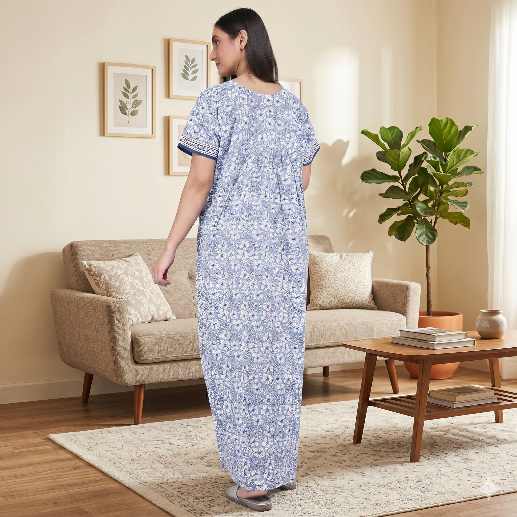 Pure Cotton Blue Carnation Full Front Open Nighty