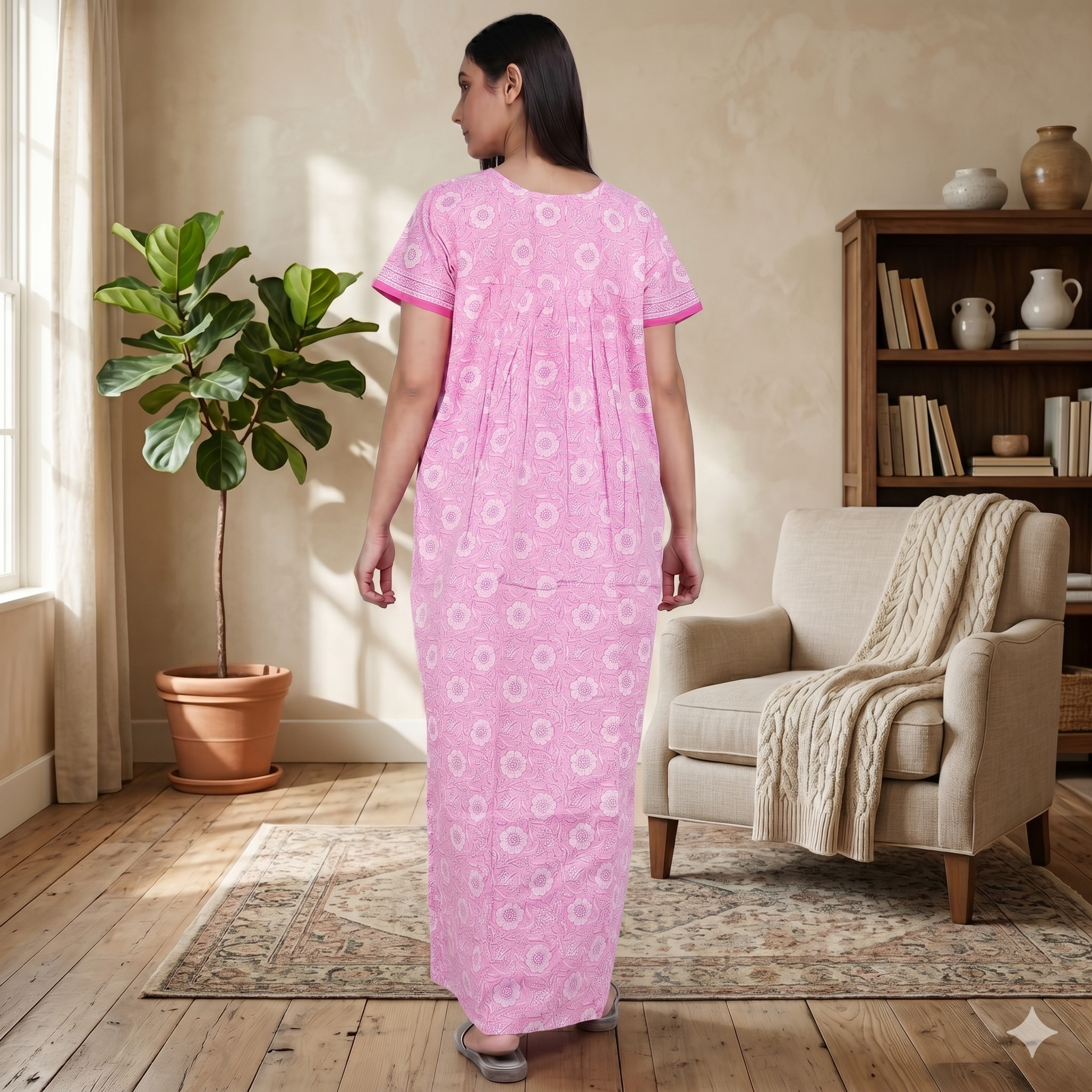 Pure Cotton Light Pink Carnation Full Front Open Nighty