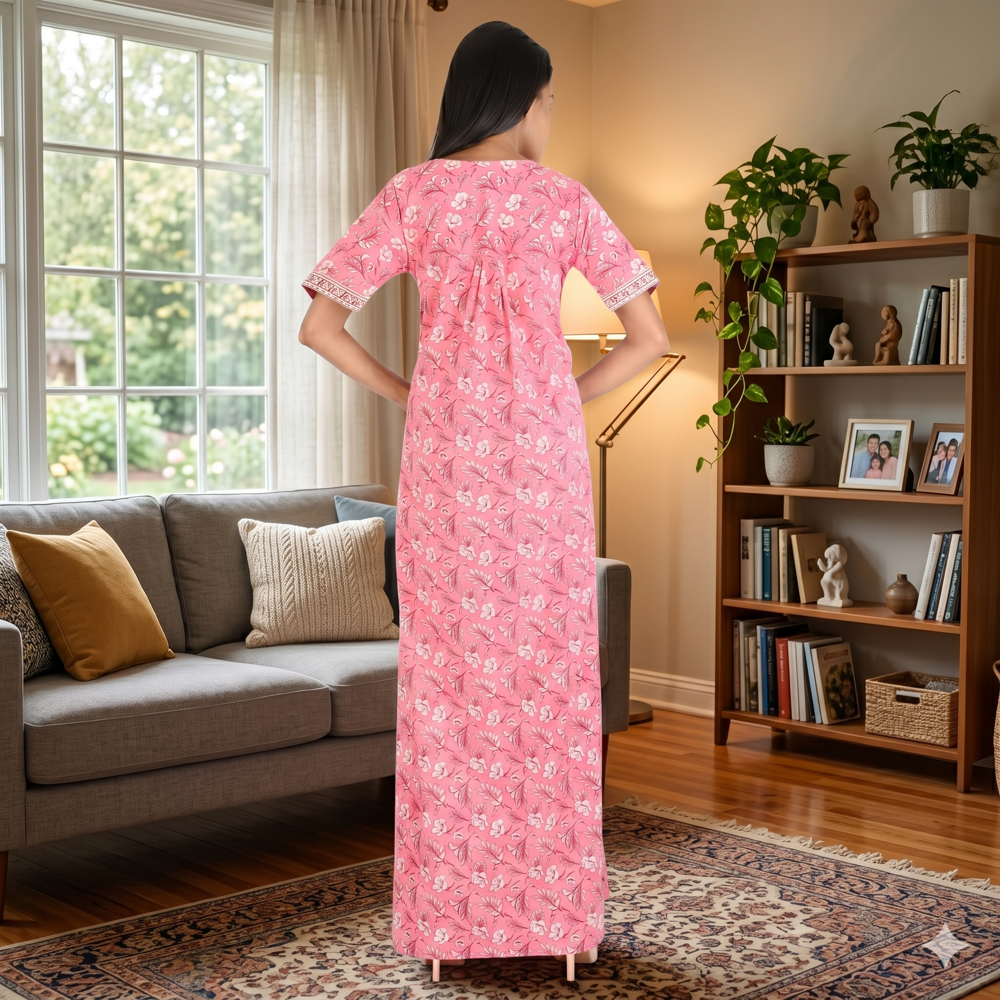 Pure Cotton Rose Pink Carnation Full Front Open Nighty