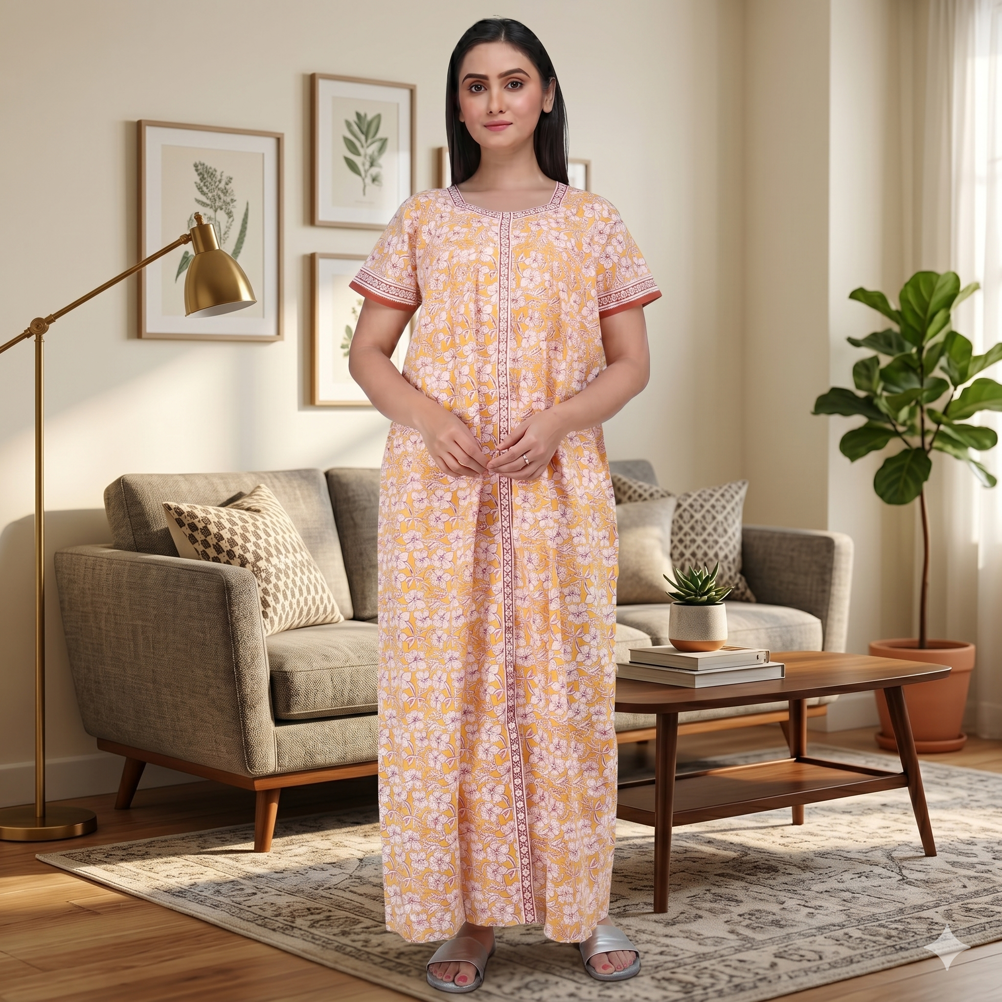 Pure Cotton Yellow Carnation Full Front Open Nighty