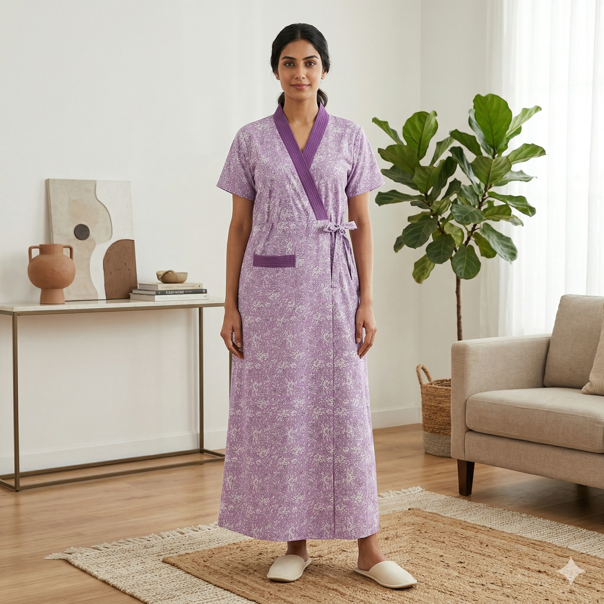Pure Cotton Light Purple Peony Housecoat