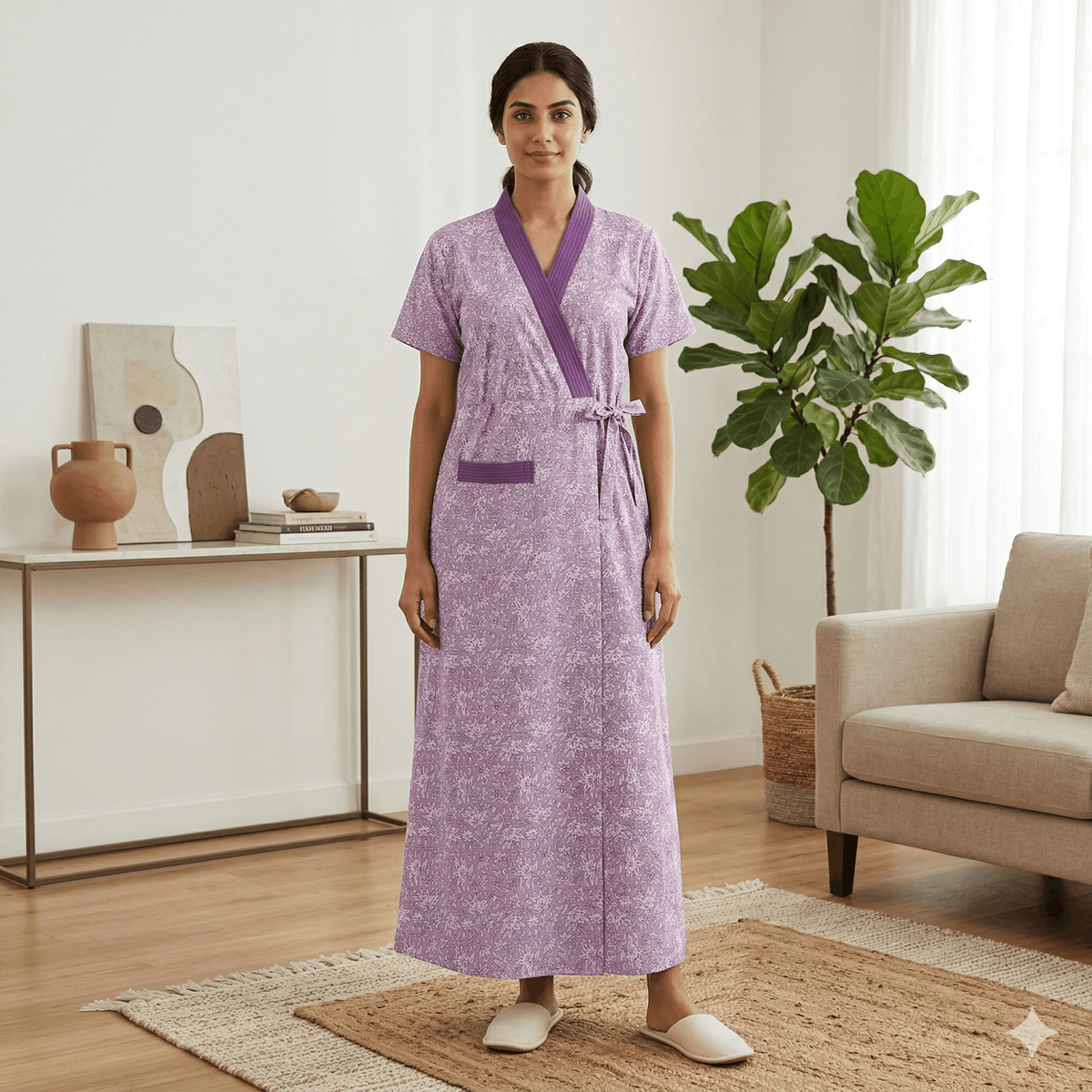 Pure Cotton Light Purple Peony Housecoat