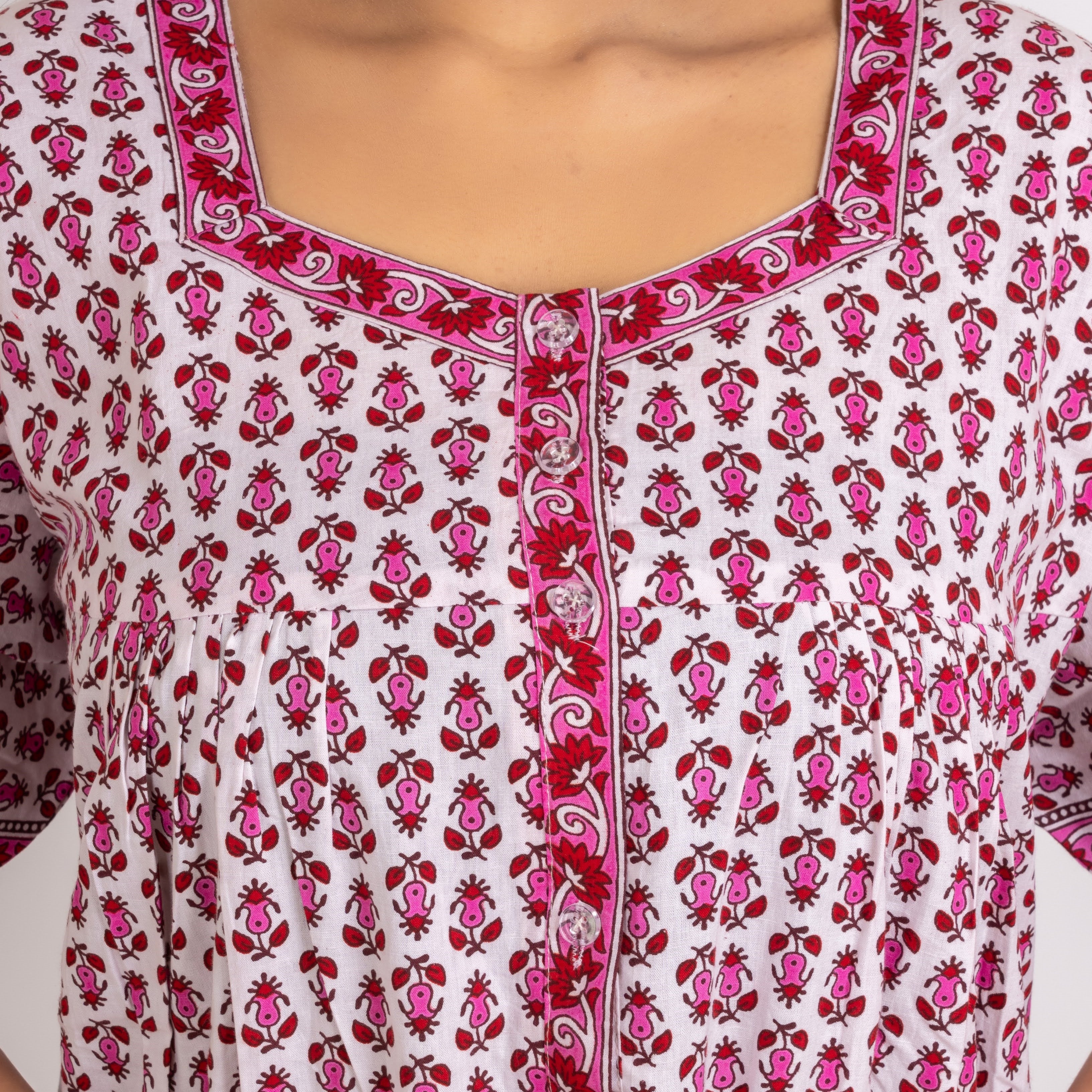 Pure Cotton White Carnation Full Front Open Nighty