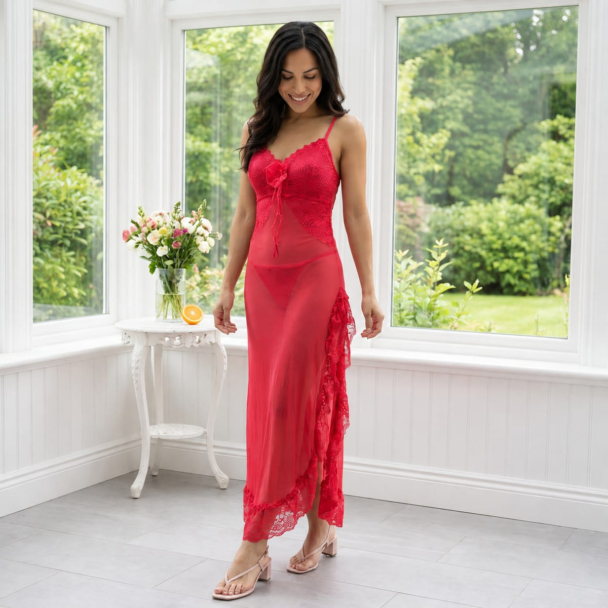 Fancy Hot Red Sleepwear Nighty With Panty Set