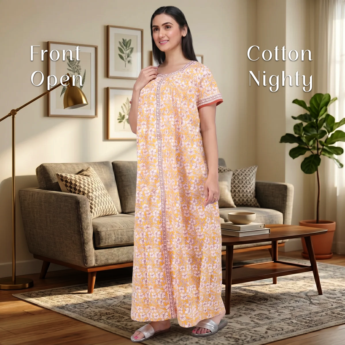 Pure Cotton Yellow Carnation Full Front Open Nighty