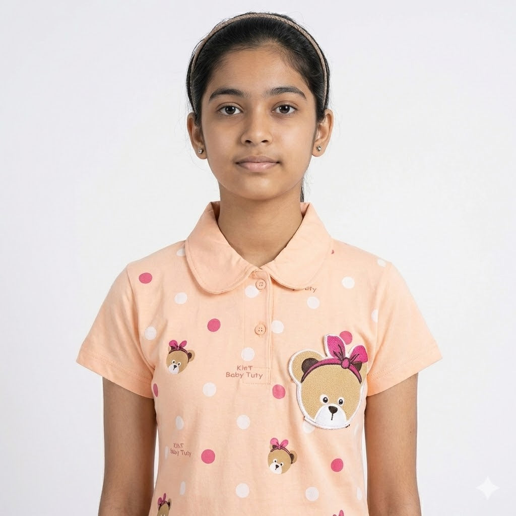 Cotton Hosiery Peach Winter Girl's Night Suit